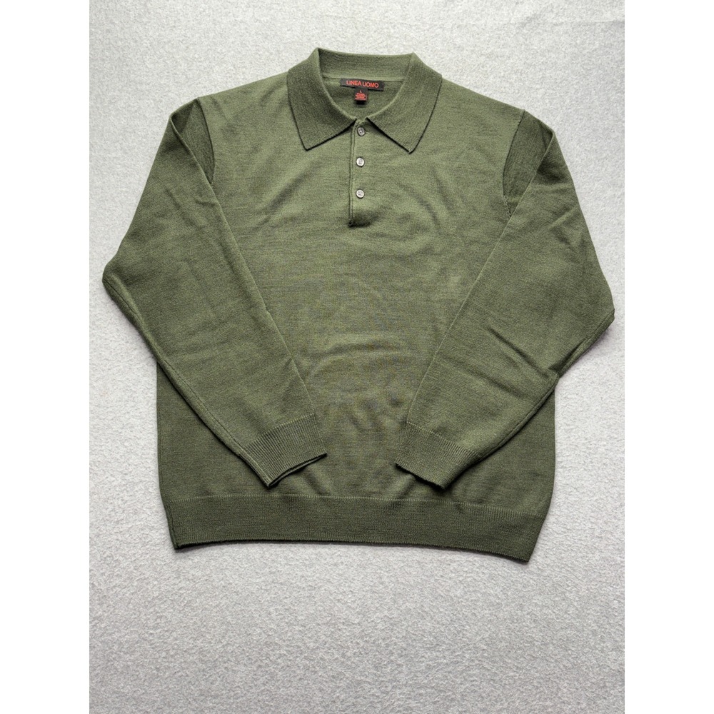 Linea Uomo Mens Wool Blend Long Sleeve Polo Sweater Olive Green Large RN 99641
